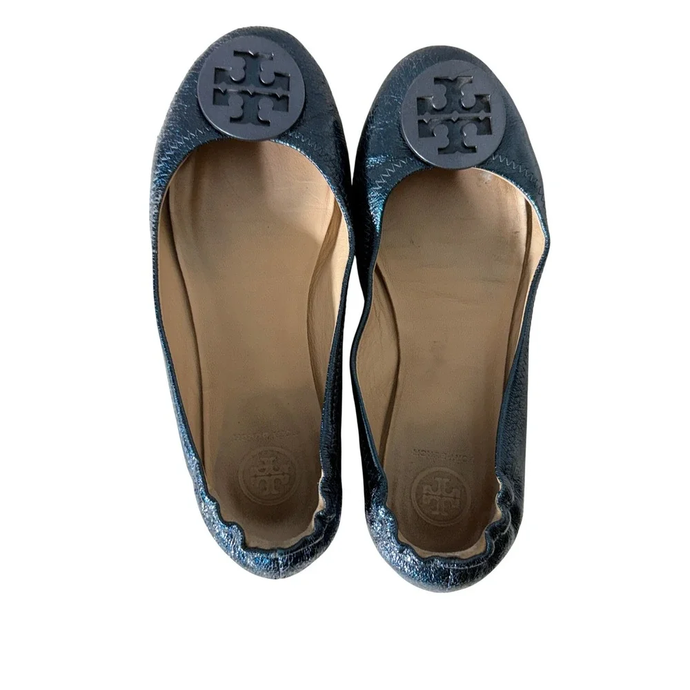 Tory Burch Reva Metallic Blue Cracked Leather Logo Ballet Flats Womens 7.5